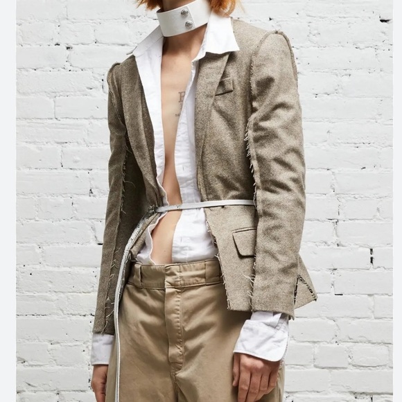 New R13 Fray Seam Flat Sleeve Merino Wool Blazer In Oatmeal Size Large - Picture 10 of 13